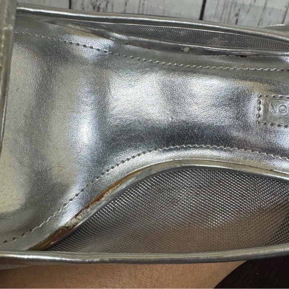 BCBGeneration Metallic Silver Open Toe Ankle Strapped Mesh side High Heels 7 GUC - Picture 5 of 16